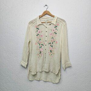 Aratta Floral Embroidered Linen Tunic button up Top shirt
